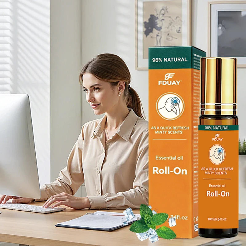 Mint Roll-On Essential Oil 98% Natural Ingredients Refreshing Scent Instantly Lifting Spirits Portable Size