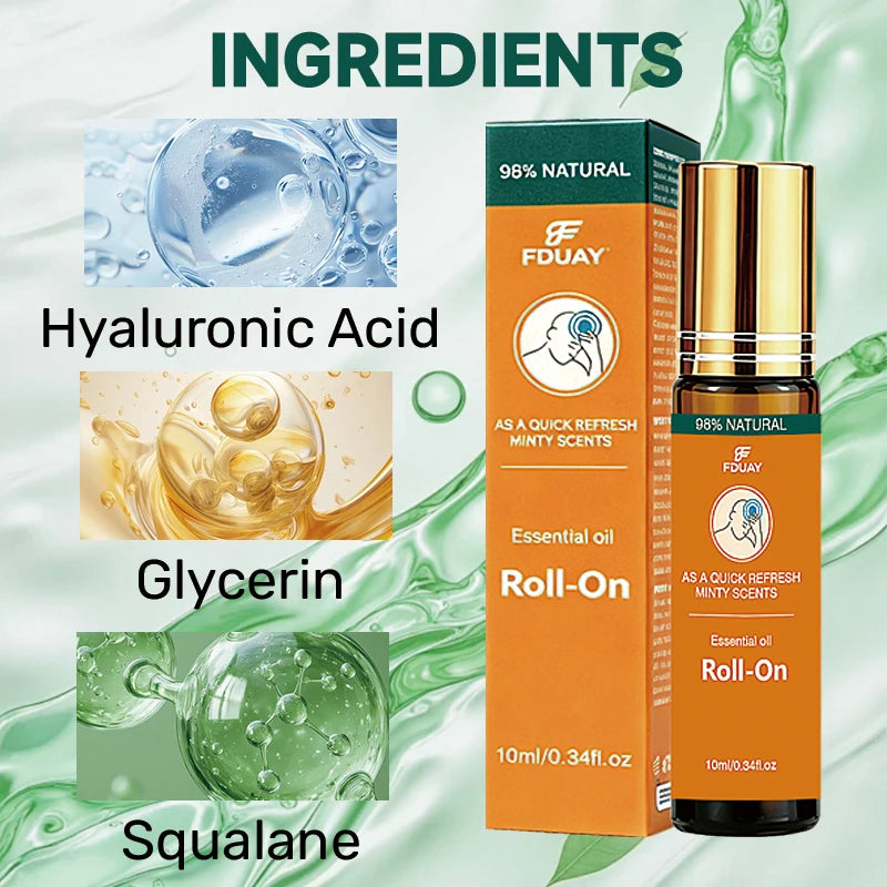 Mint Roll-On Essential Oil 98% Natural Ingredients Refreshing Scent Instantly Lifting Spirits Portable Size