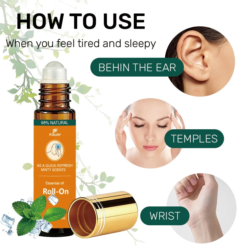 Mint Roll-On Essential Oil 98% Natural Ingredients Refreshing Scent Instantly Lifting Spirits Portable Size