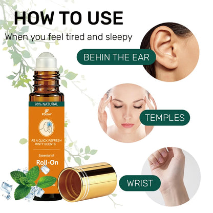 Mint Roll-On Essential Oil 98% Natural Ingredients Refreshing Scent Instantly Lifting Spirits Portable Size